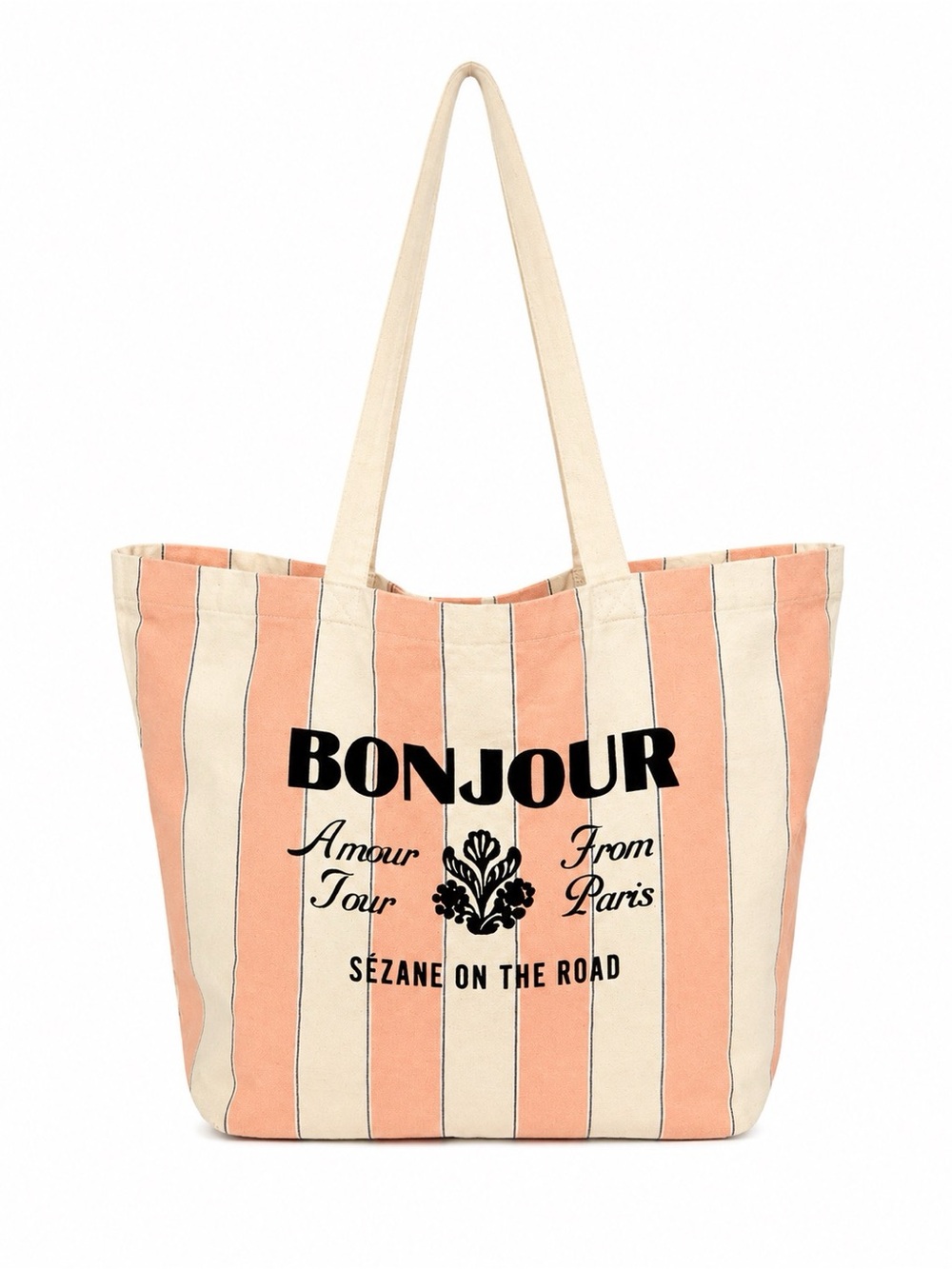 Sézane On the Road Bonjour Striped Canvas Tote Bag Pink Cream Coral